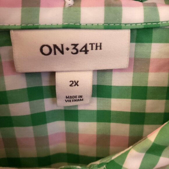 On 34th Gingham Green & Pink 100% Cotton Long Sleeve Button Up Size 2X NWT - Picture 7 of 9